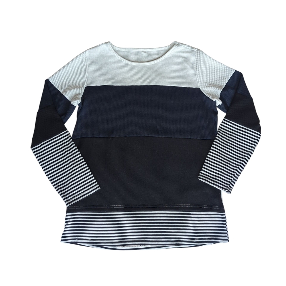Thermal Color Block Striped Long Sleeve Top LARGE Navy Black White